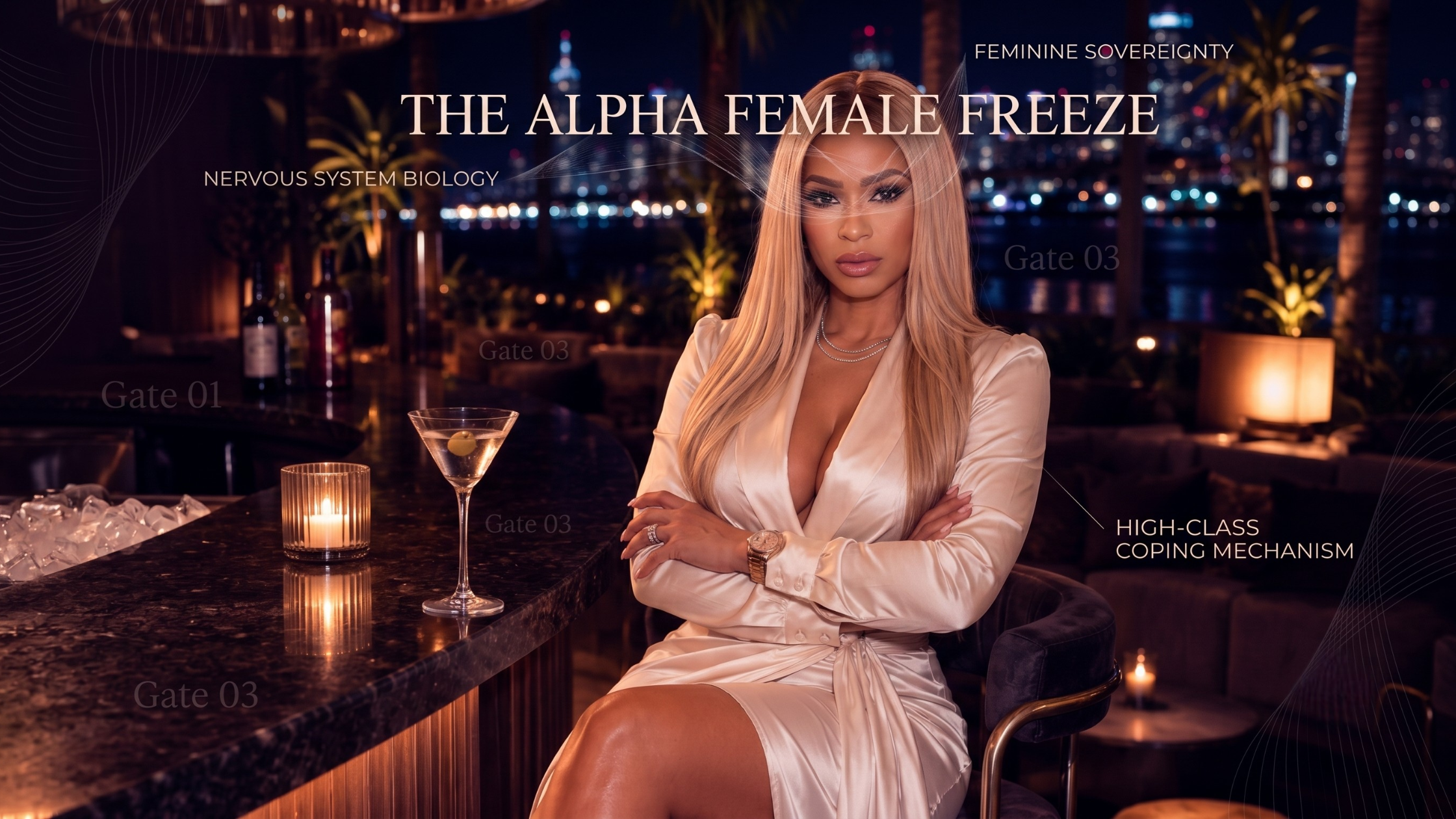 A wide banner image featuring a wealthy, glamorous Black woman with long blonde hair, sitting at a luxury rooftop bar at night with a city skyline in the background. She wears an elegant champagne-colored satin wrap dress and has her arms tightly crossed, looking guarded and emotionally distant. Elegant gold text overlays read "THE ALPHA FEMALE FREEZE," alongside subtle conceptual callouts like "NERVOUS SYSTEM BIOLOGY," "GATE 01," and "HIGH-CLASS COPING MECHANISM" mixed with abstract digital lines.